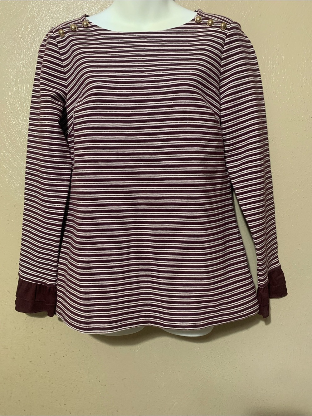 Talbots size S Burgundy White Striped Long-Sleeve Top Gold Shoulder Button NWT